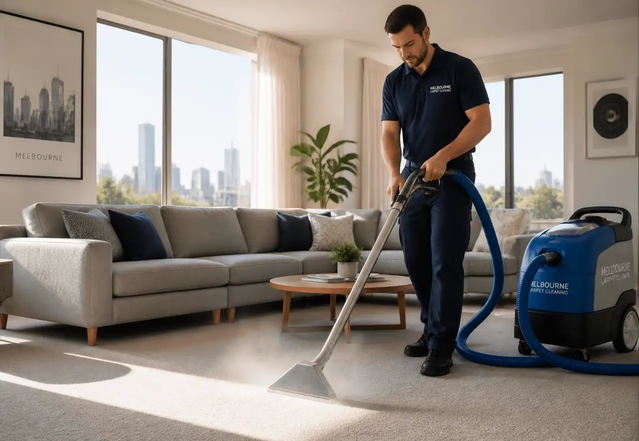 Technician steam cleaning carpet in a bright Brisbane living room